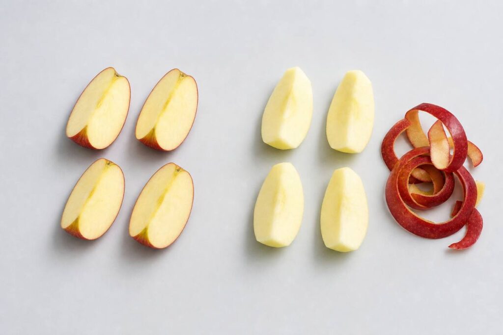 Apple wedges with red skin on beside peeled apple wedges with the discarded peel in a pile