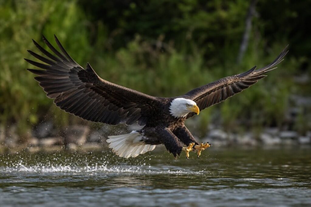 Bald eagle in flight with talons extended over water