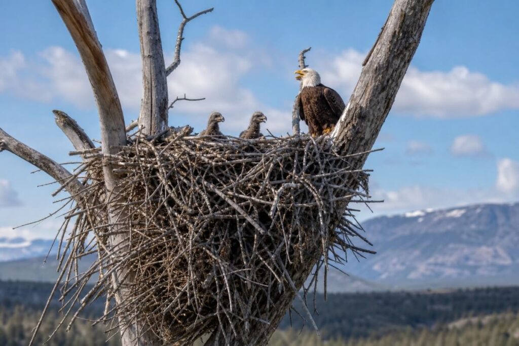 Bald eagle nest with two eaglets high in a tall tree