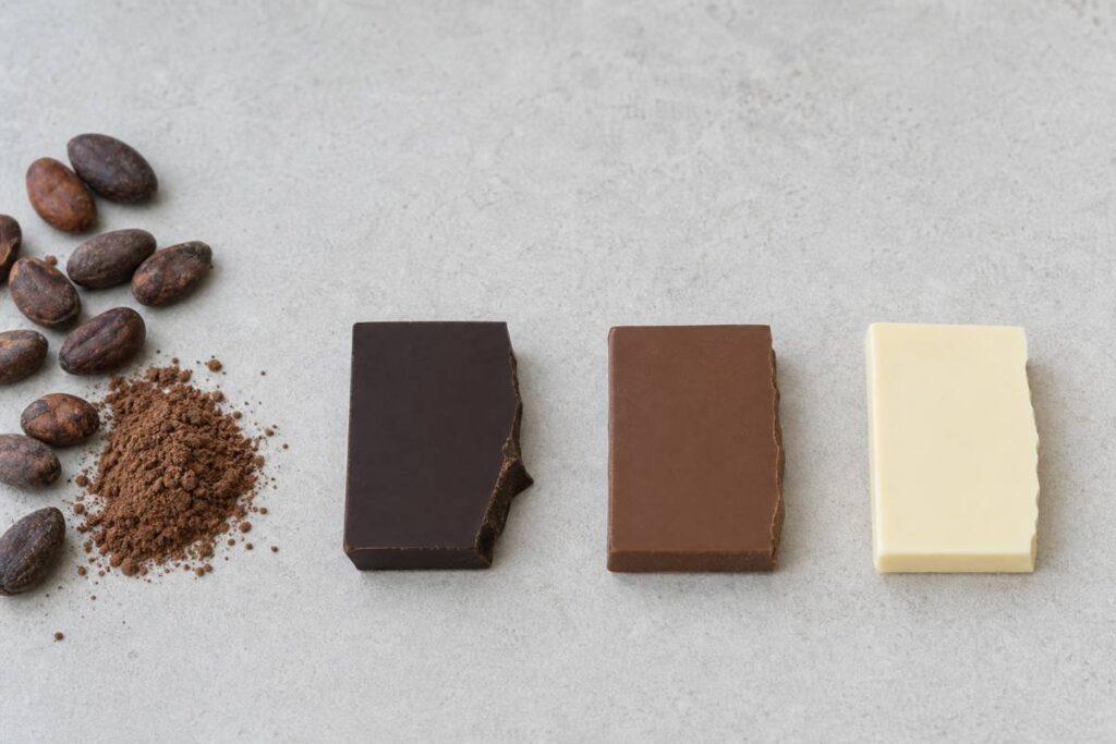 Dark, milk and white chocolate pieces side by side with cocoa beans and cocoa powder, showing the difference in cocoa content