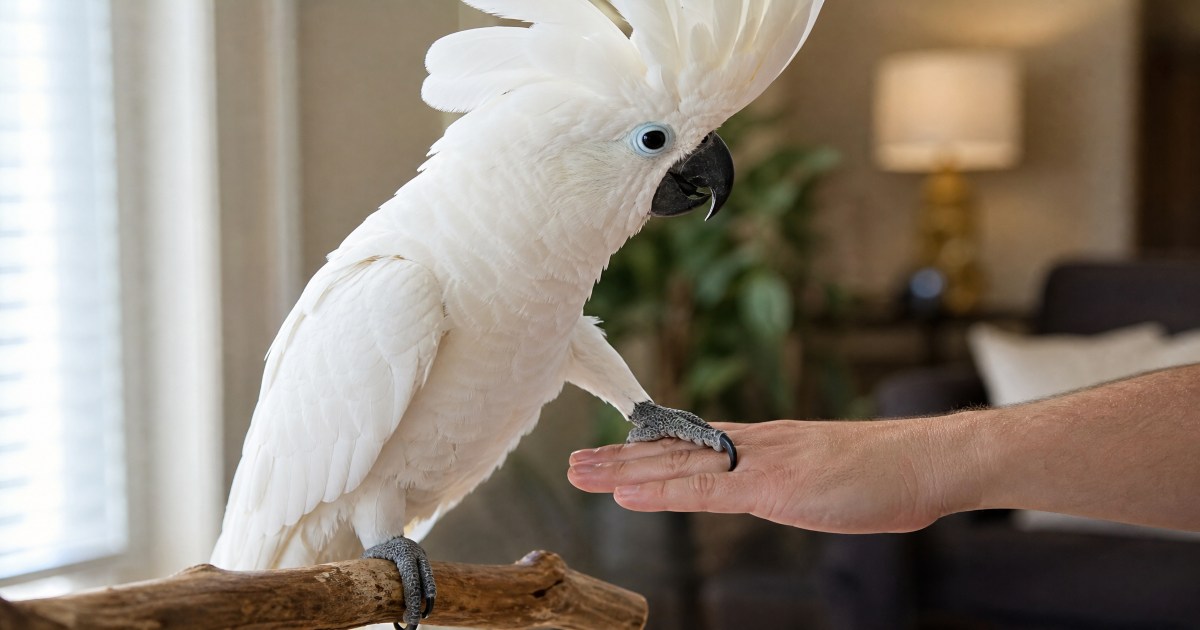 Umbrella cockatoo stepping up onto a person's open hand from a wooden perch