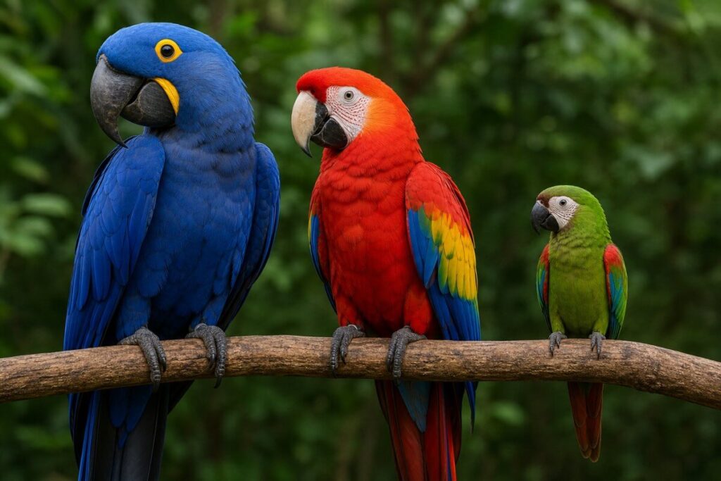 Hyacinth macaw and scarlet macaw perched together showing size and color difference