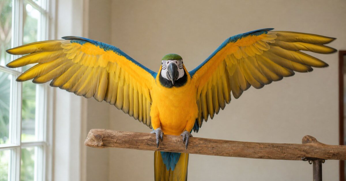 Blue and gold macaw with wings fully spread showing its 45 inch wingspan
