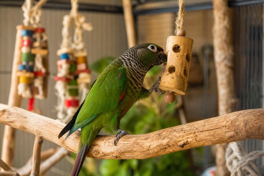 Parrot working pellets out of a hanging wooden foraging toy inside its cage