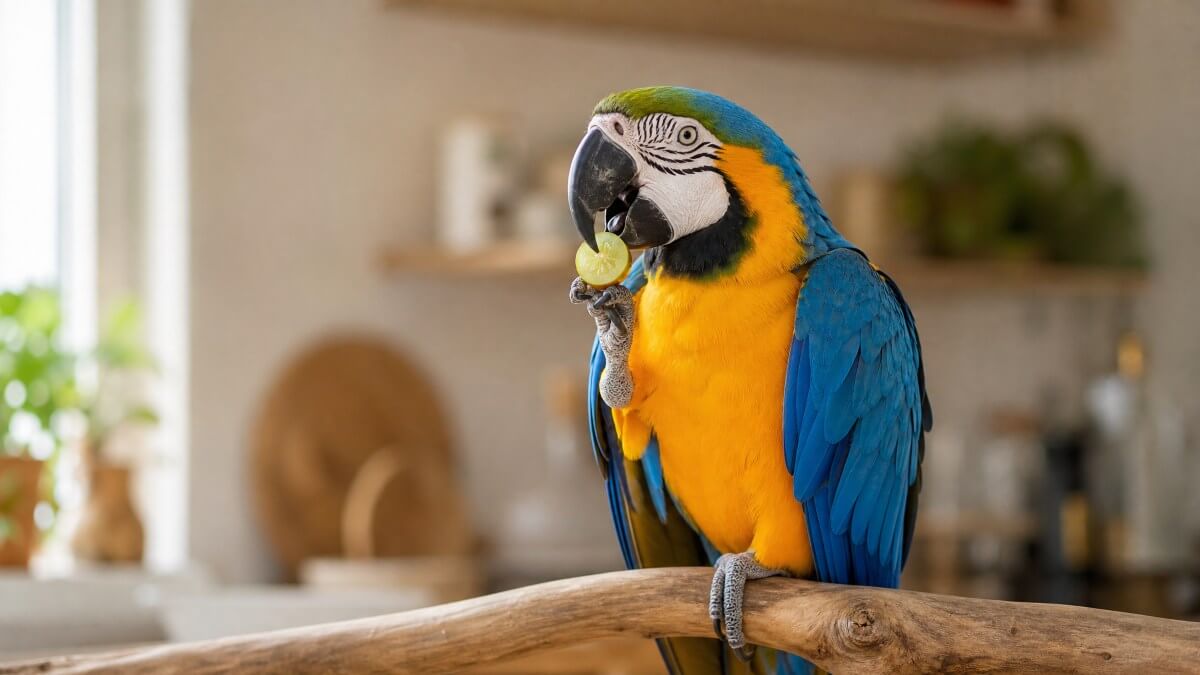 Blue and Gold Macaw holding a halved green grape in one foot while perched on a wooden branch