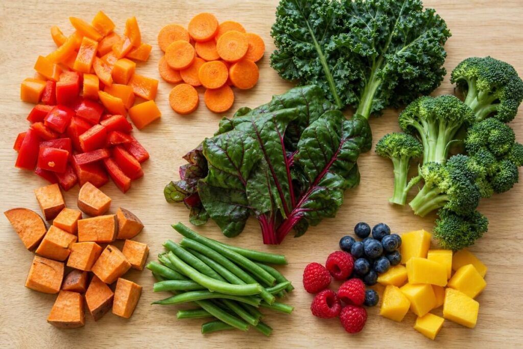 Overhead flat lay of parrot-safe chopped vegetables and fruit including bell pepper, carrot, kale, Swiss chard, broccoli, sweet potato, and berries