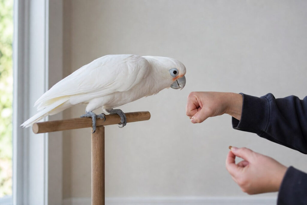 Goffin's cockatoo leaning toward a person's still hand during positive reinforcement step up training