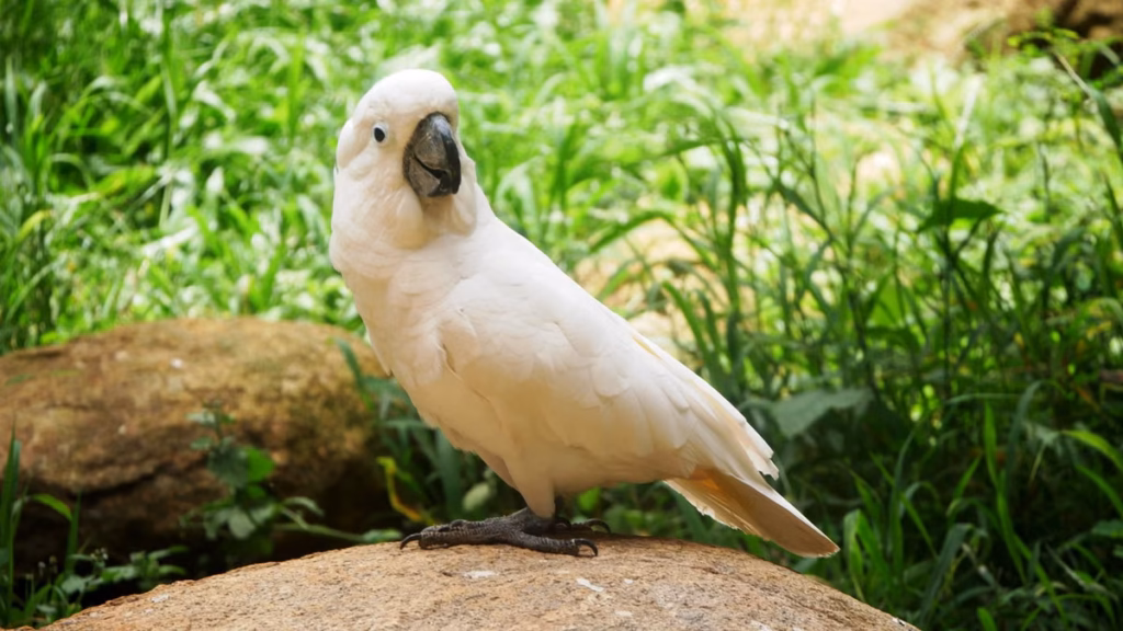 Umbrella Cockatoo standing in natural outdoor setting showing full white plumage and dark beak — Wild Birds USA beginner guide