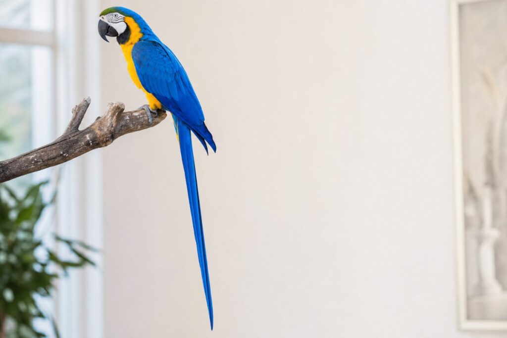 Blue and gold macaw perched with its long blue tail feathers hanging free below the perch