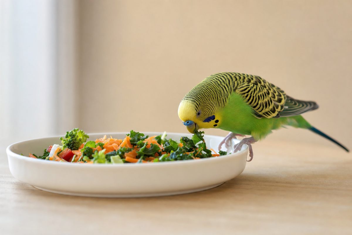 Green and yellow budgerigar eating finely chopped kale from a dish of mixed vegetables
