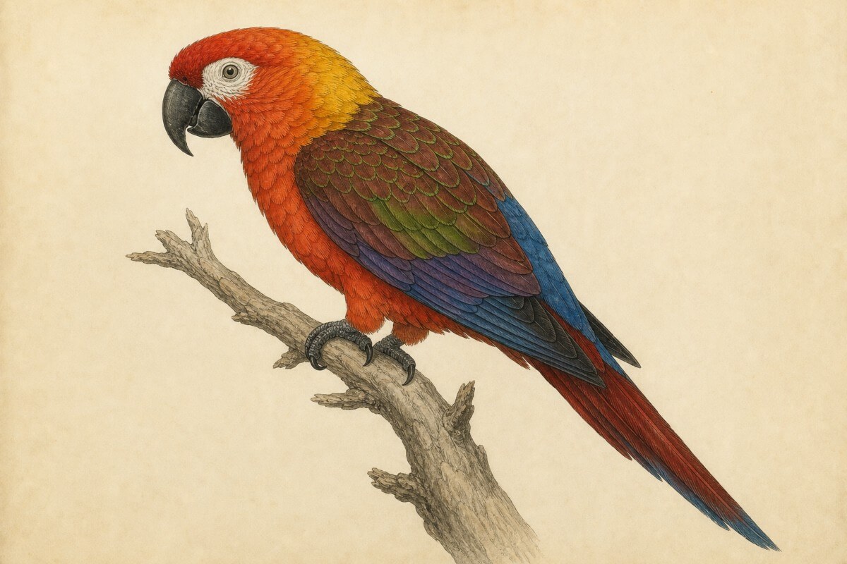 Illustration of the extinct Cuban macaw, a red, orange and blue parrot known today only from museum specimens