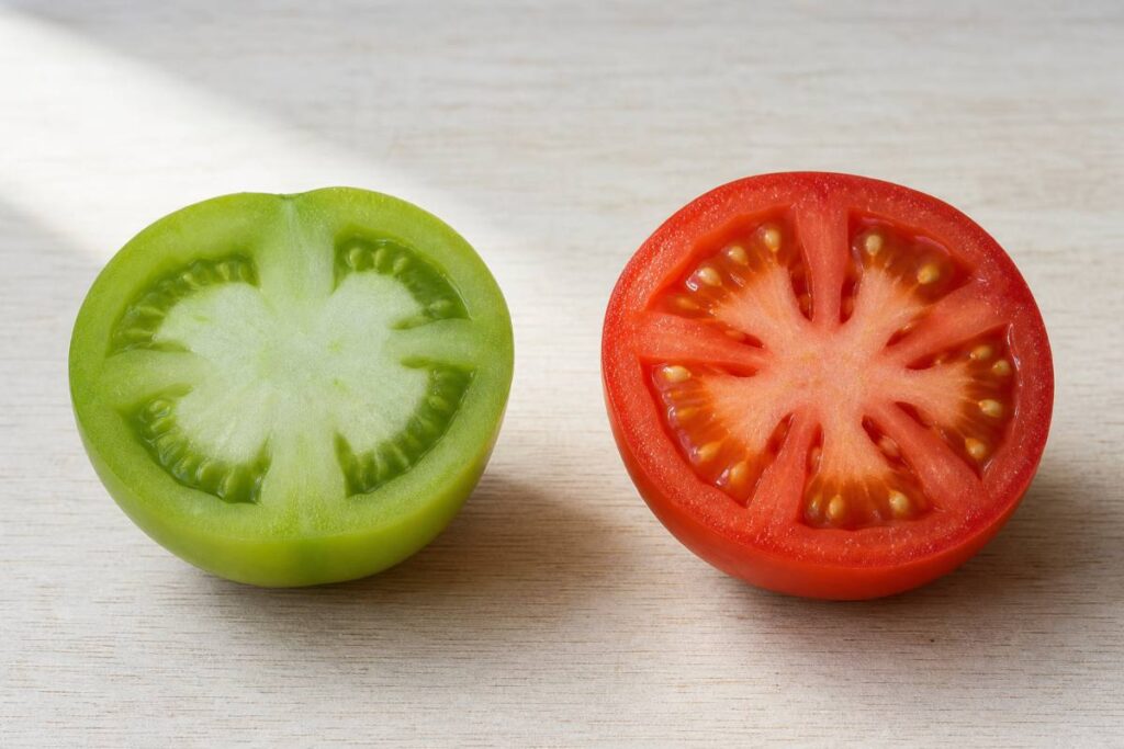 Halved unripe green tomato beside a halved ripe red tomato showing the difference in flesh
