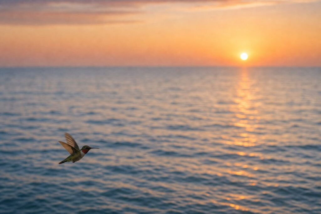 Ruby-throated hummingbird flying low over open water at sunrise
