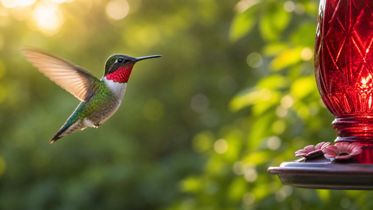 Male ruby-throated hummingbird hovering at a red nectar feeder in a backyard