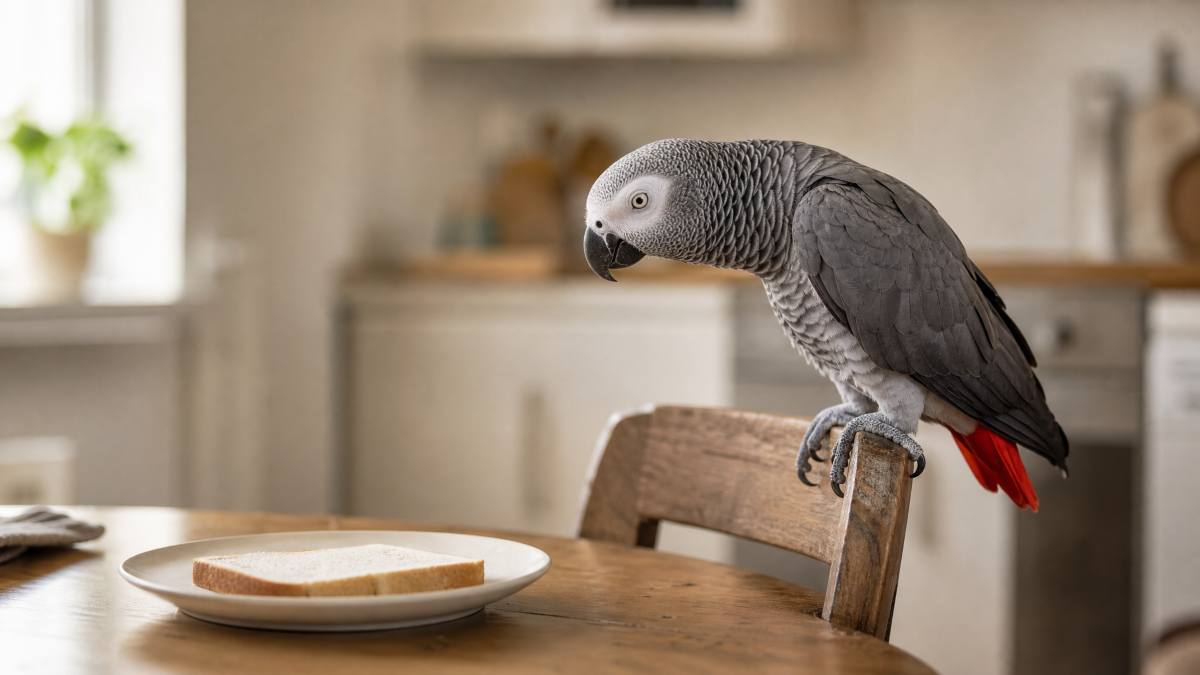 African Grey parrot on a kitchen chair looking at a slice of white bread on a plate