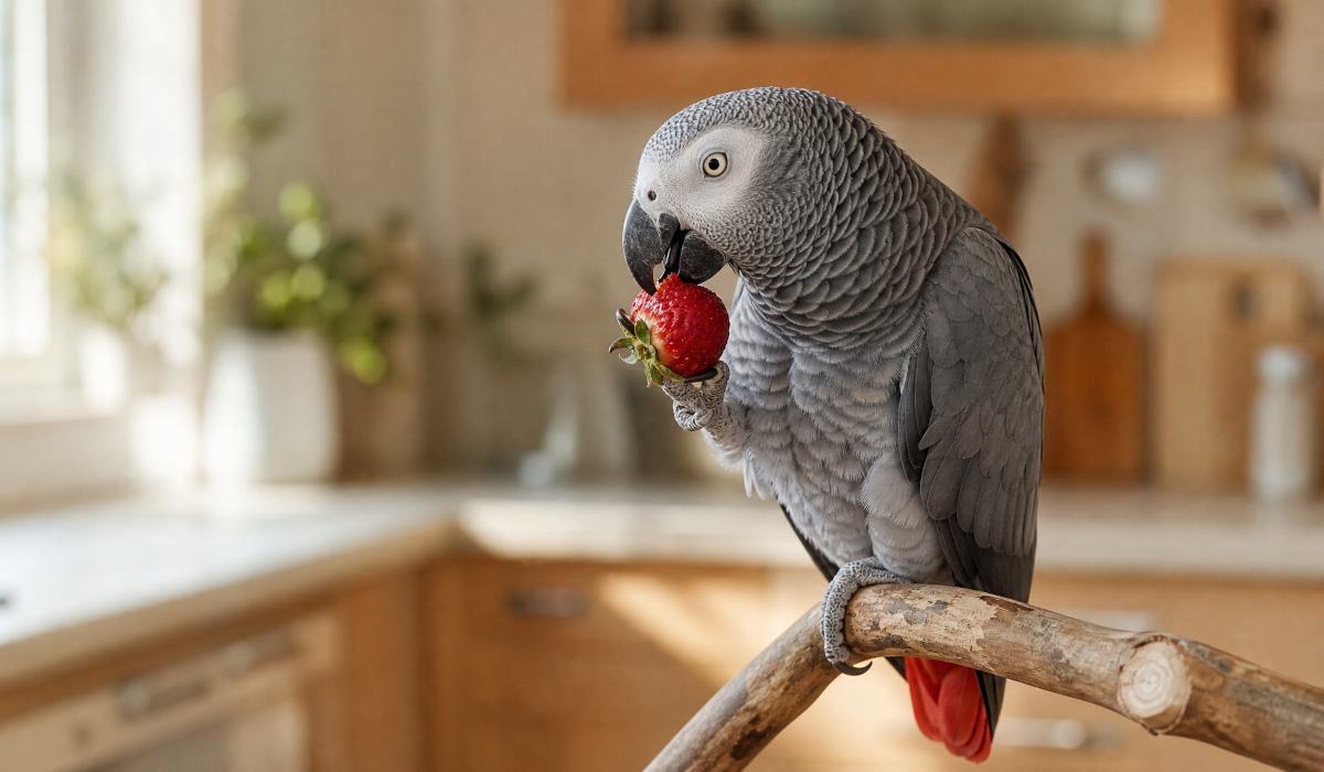 African Grey parrot holding a ripe strawberry with its green top attached in one foot while perched on a wooden branch