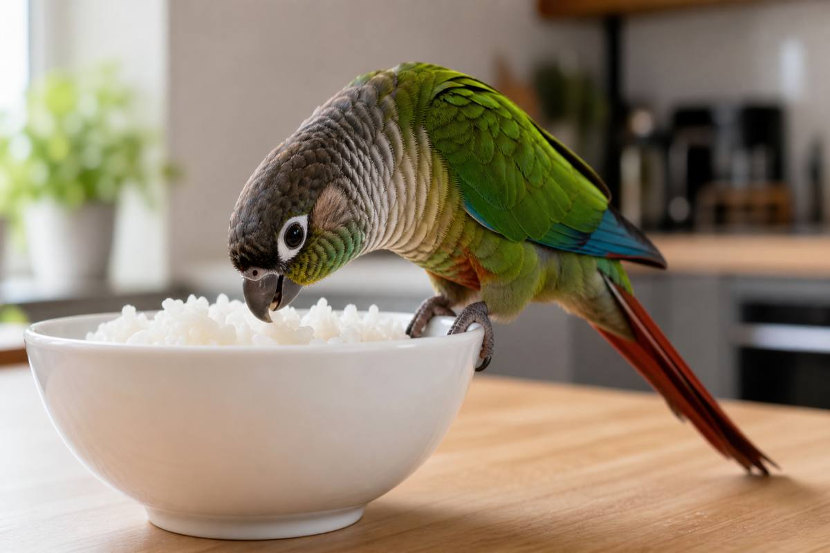 Green-cheeked conure perched on a white bowl of plain cooked white rice