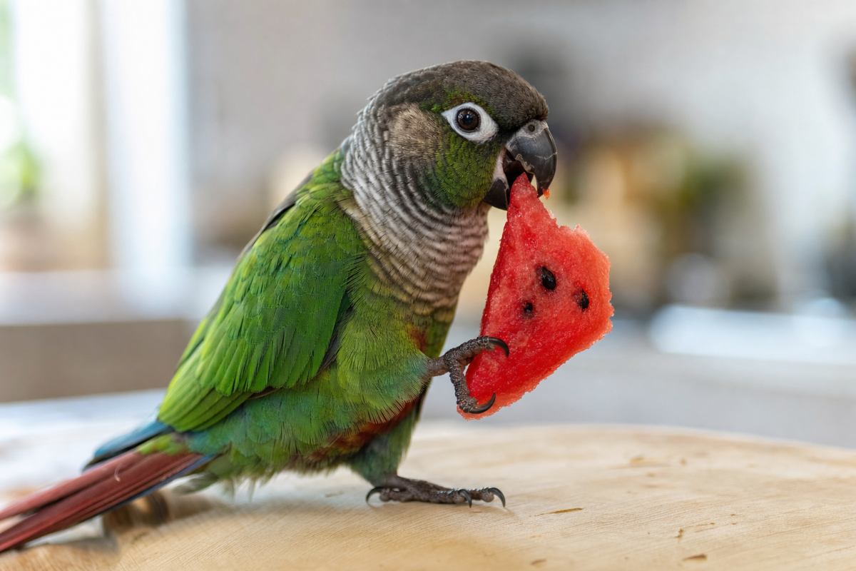 Green-cheeked conure biting a wedge of watermelon with black seeds visible
