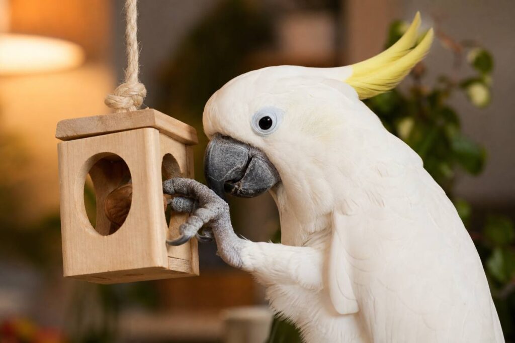 Parrot playing with foraging toy using walnuts for mental enrichment