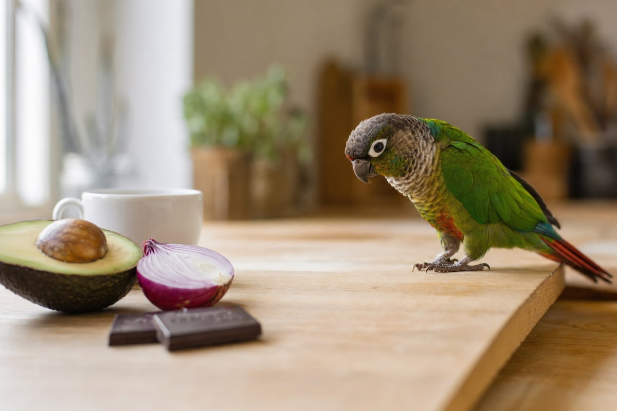 Green-cheeked conure on a kitchen counter looking at avocado, dark chocolate, onion and a coffee cup