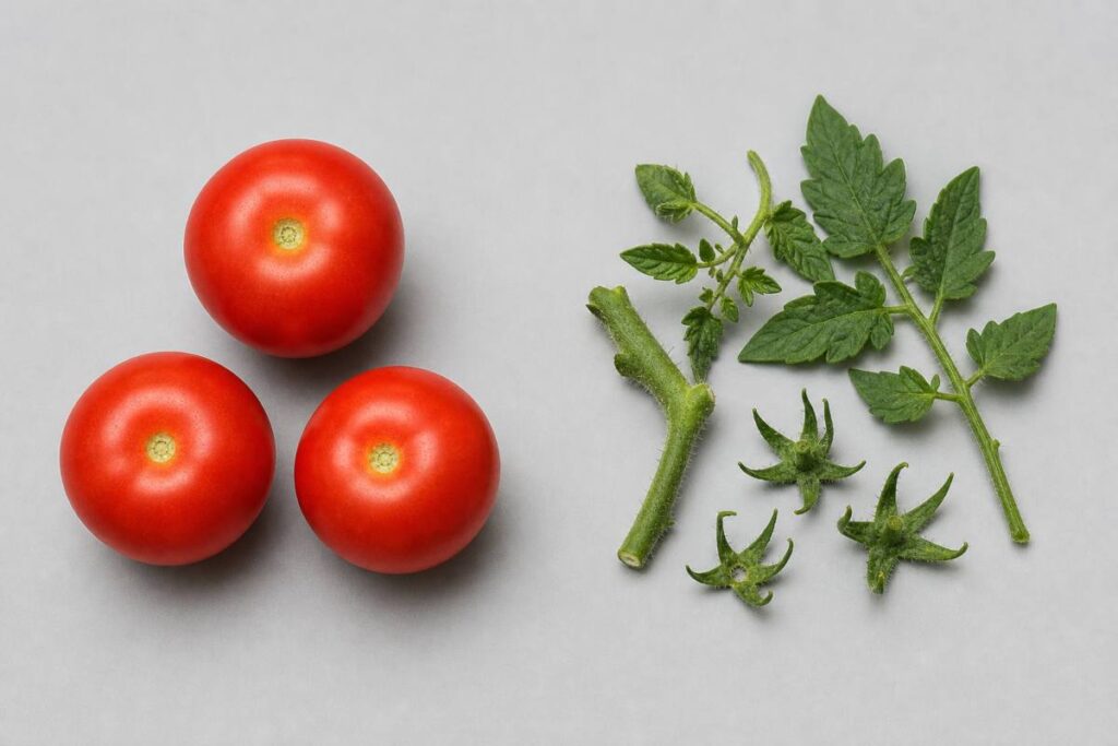 Three ripe red tomatoes with stems removed beside a pile of tomato leaves, stems and green caps