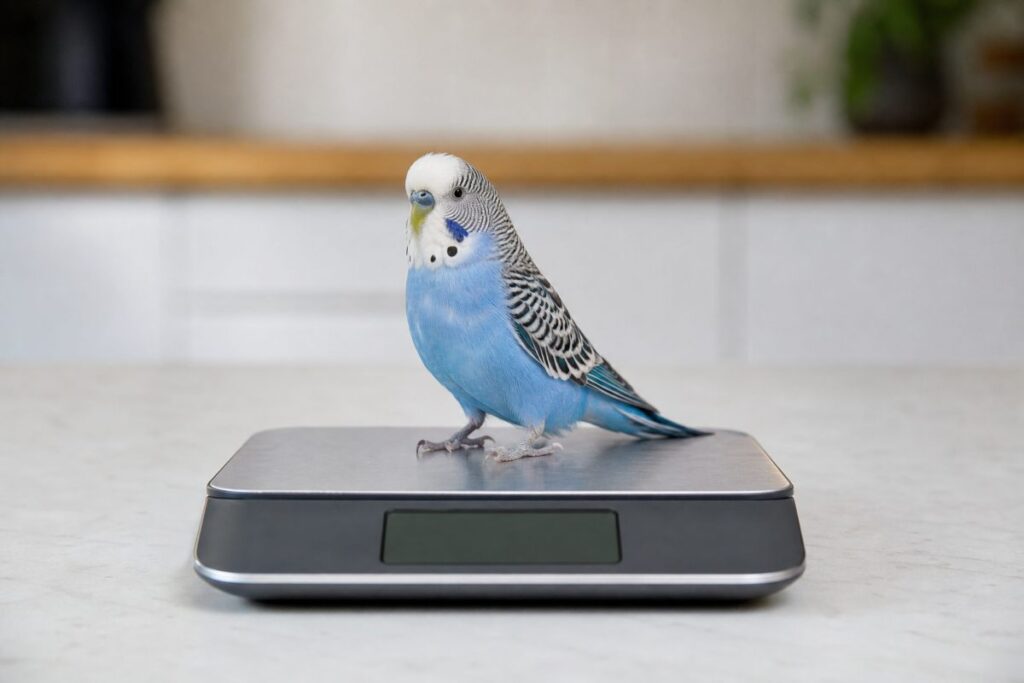 Blue budgerigar standing on a digital kitchen scale during a diet change