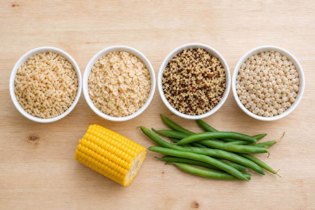 Bowls of cooked brown rice, oats, quinoa and barley beside corn on the cob and green beans